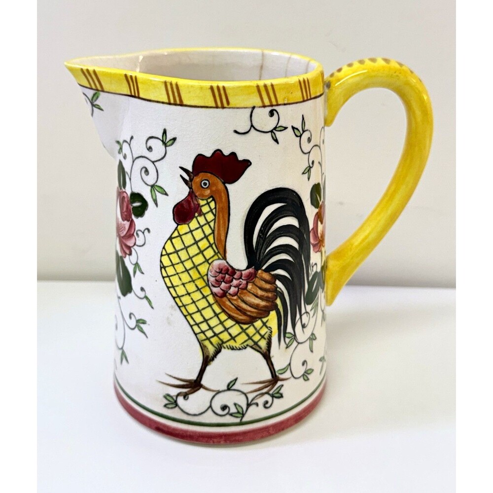 Early Provincial Hand Painted Rooster Floral Ceramic Pitcher Japan Decor